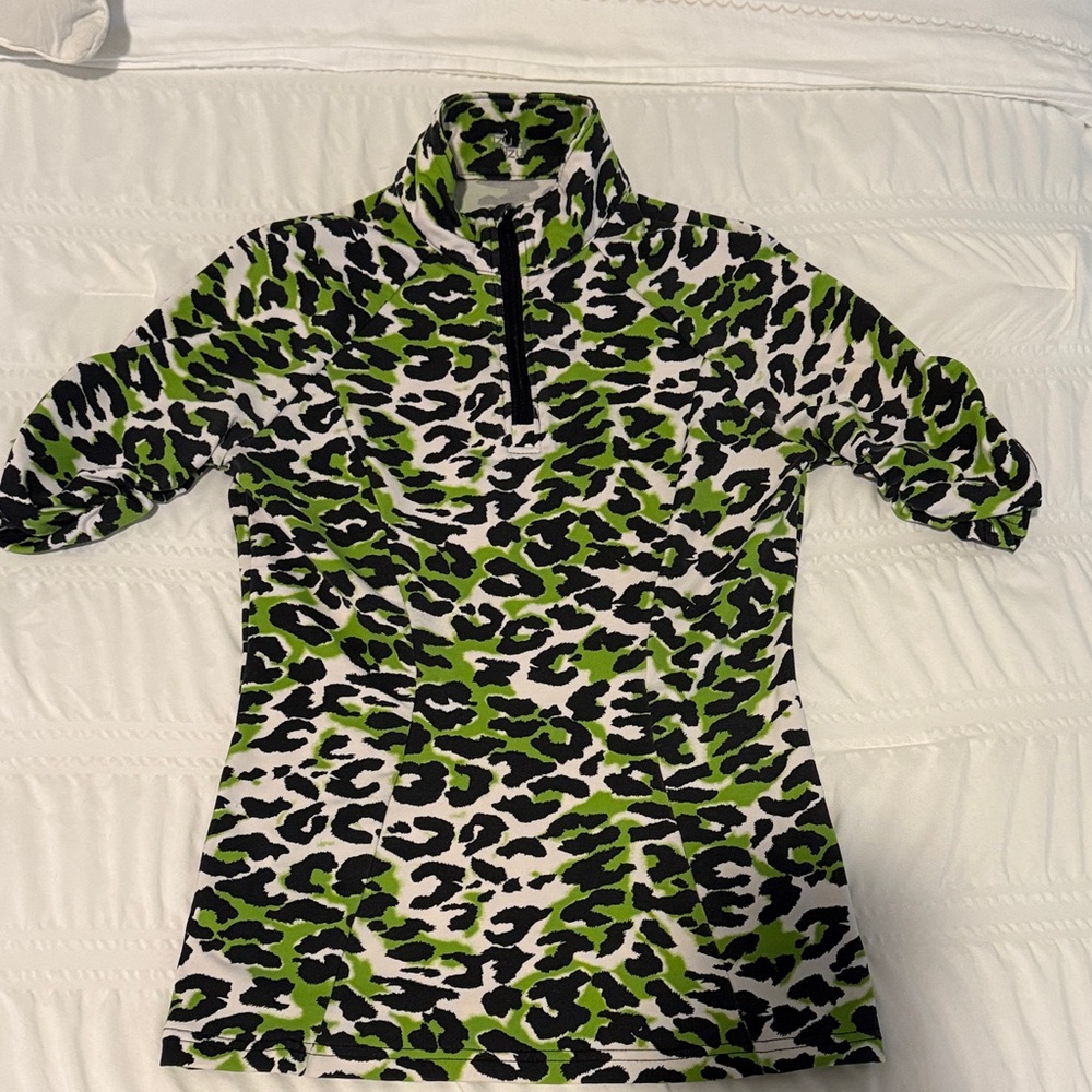 Tzu Tzu Green and Black Leopard Print Top.  Size Small